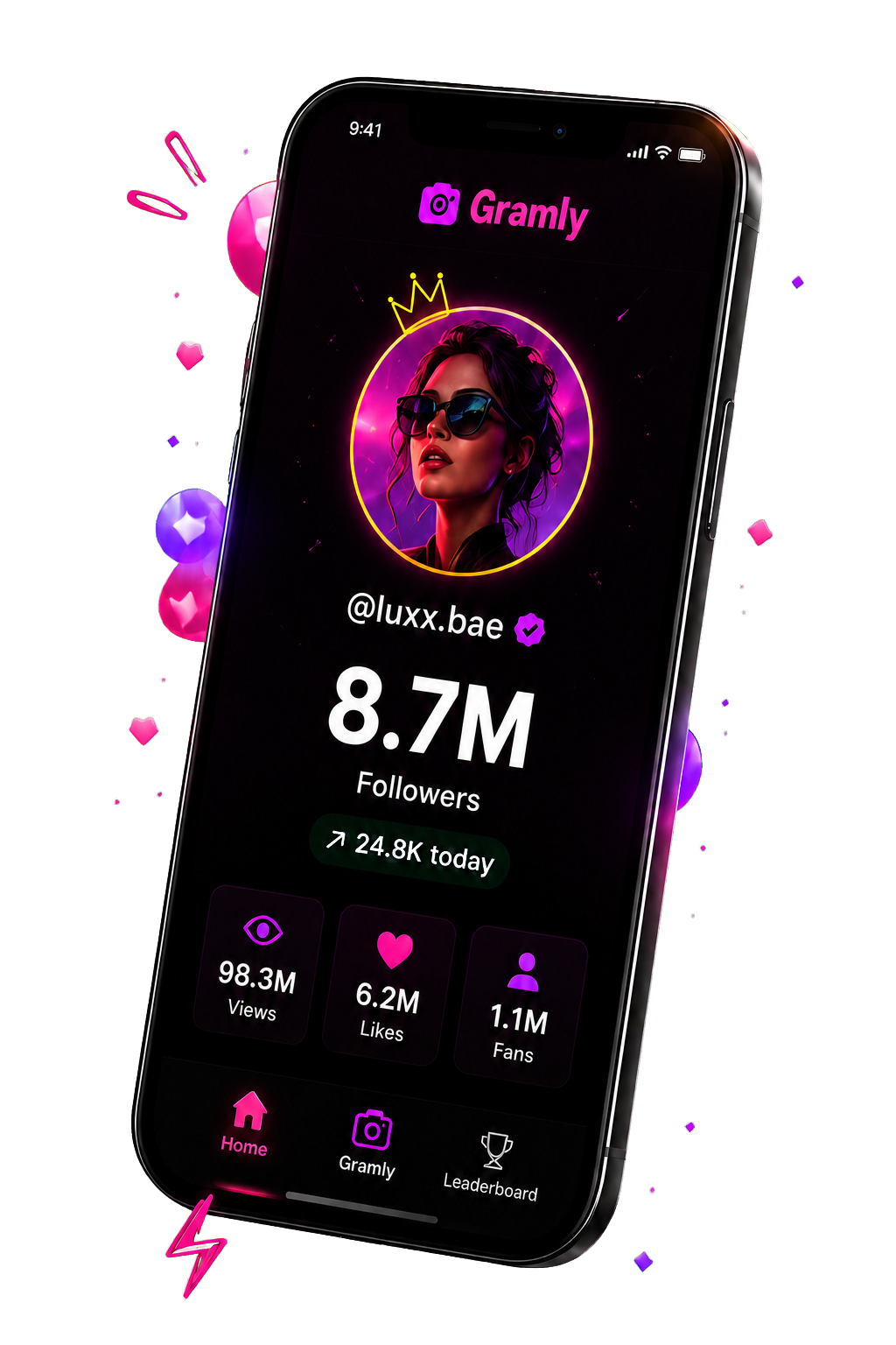 Perspective-rendered phone showing a fictional Gramly profile with 8.7 million followers